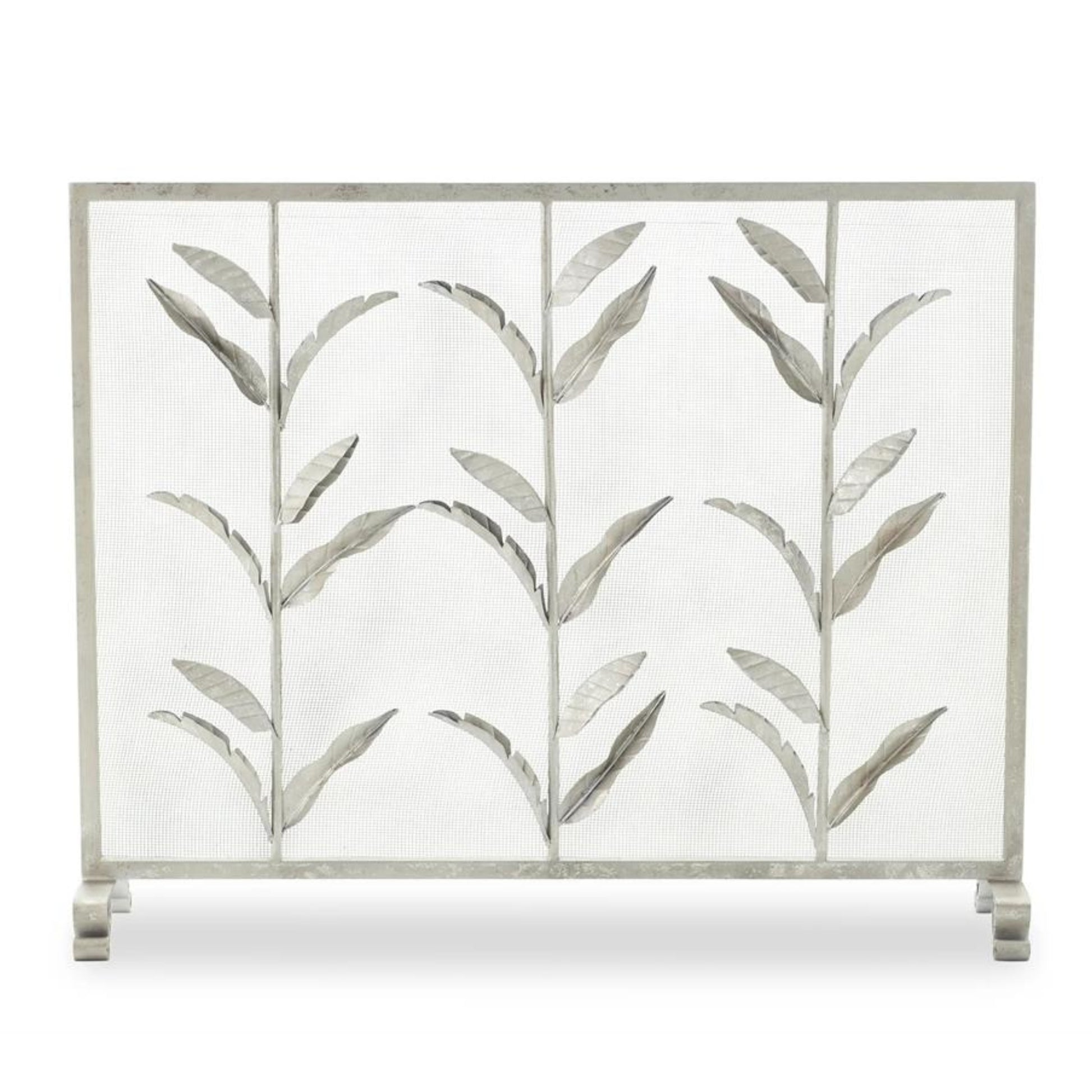 Silver Leaf Design Iron Fire Screen - Single Panel Fireplace Screen with Mesh Backing | INSIDE OUT - InsideOutCatalog.com