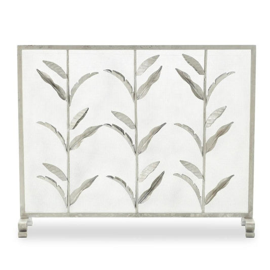 Silver Leaf Design Iron Fire Screen - Single Panel Fireplace Screen with Mesh Backing | INSIDE OUT - InsideOutCatalog.com