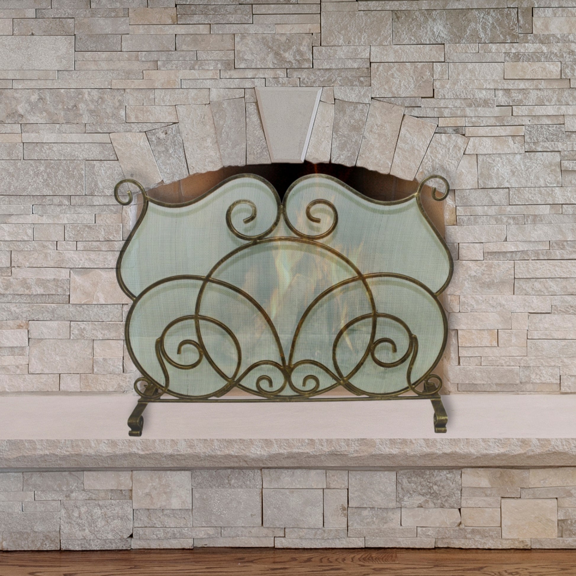 Single Panel Iron Scroll Fireplace Screen - Light Burnished Gold Fire Screen in front of stone fireplace | InsideOutCatalog.com