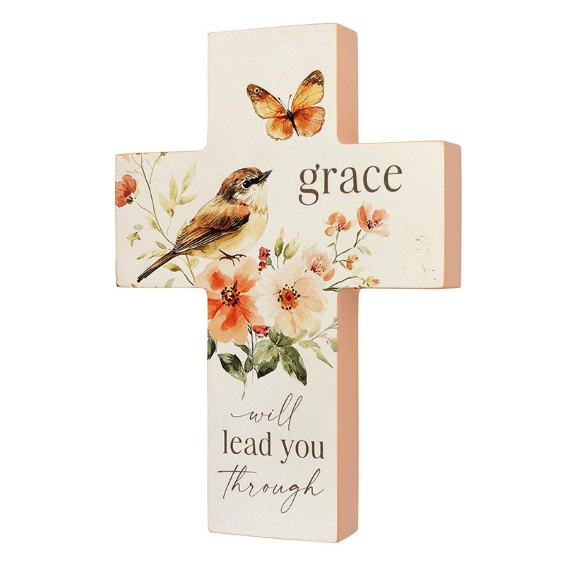 Decorative cross with floral design, bird, butterfly, and text on a white background | InsideOutCatalog.com