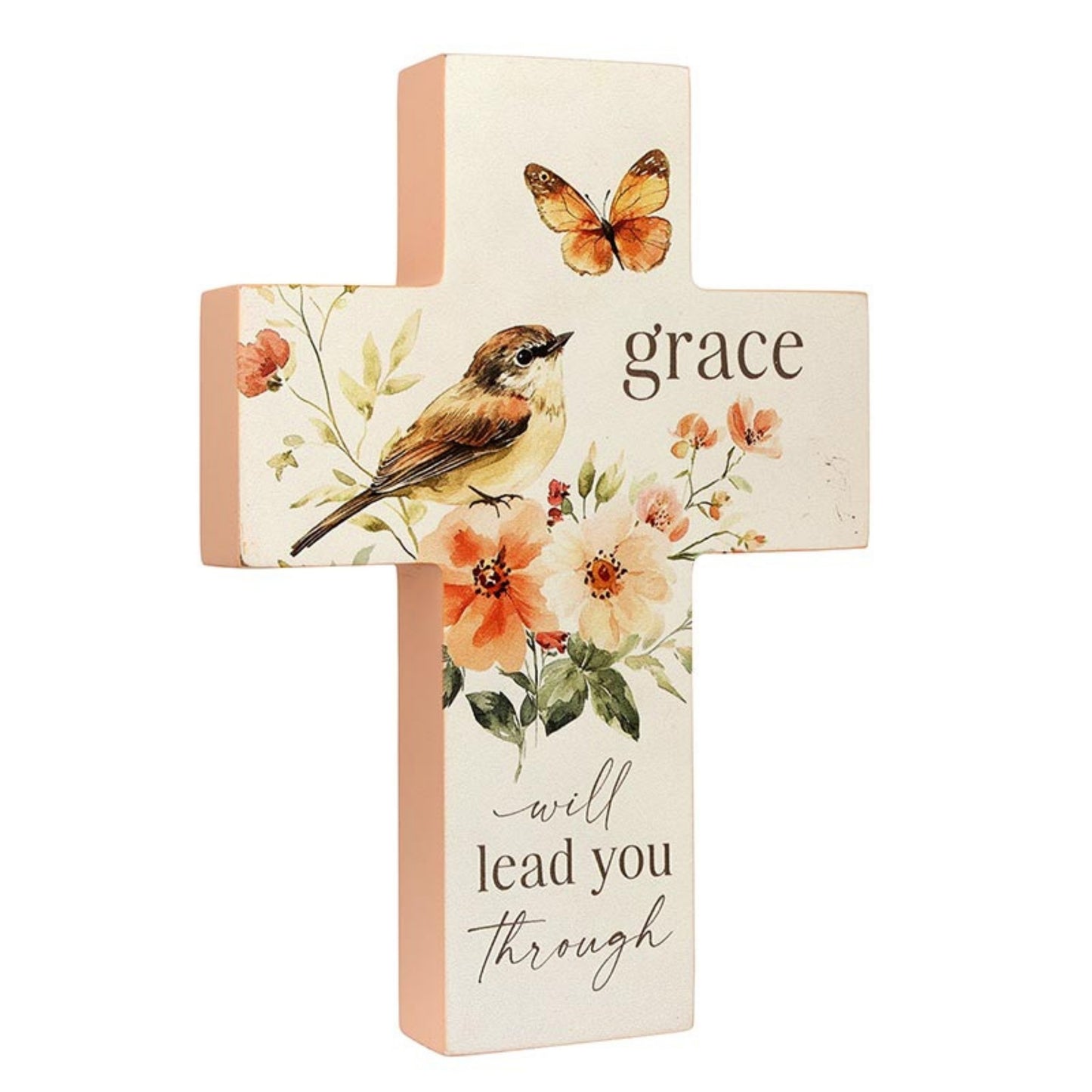 Decorative cross with bird, flowers, and butterfly design on a white background | InsideOutCatalog.com