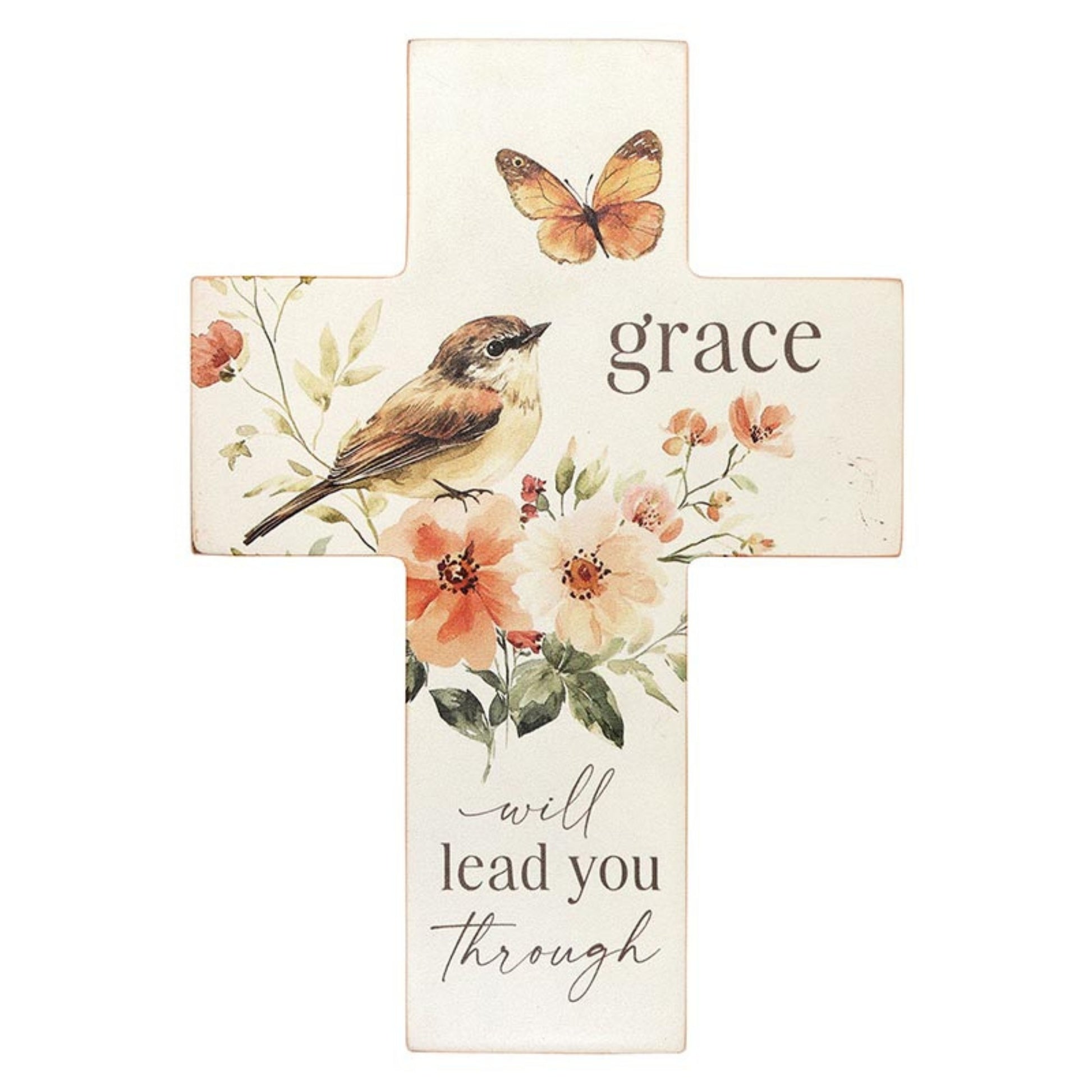 Grace Will Lead You Through Wood Block Table Cross with Butterfly, Bird, & Floral Artwork | InsideOutCatalog.com