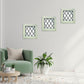 Wood Frame Square Mirror with Metal Diamond Accents | Living room with green armchair, coffee table, and decorative wall framed mirrors | INSIDE OUT - InsideOutCatalog.com