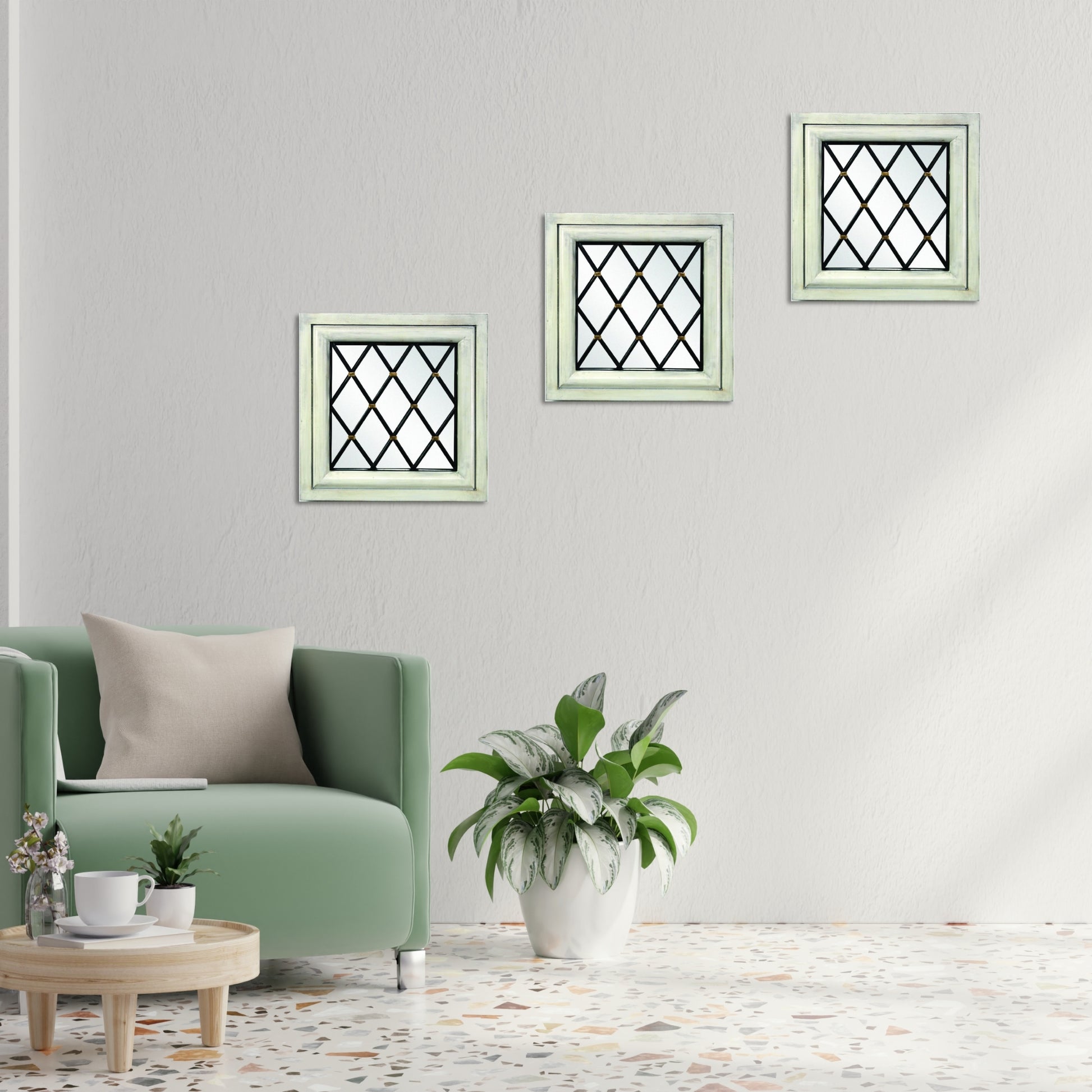 Wood Frame Square Mirror with Metal Diamond Accents | Living room with green armchair, coffee table, and decorative wall framed mirrors | INSIDE OUT - InsideOutCatalog.com