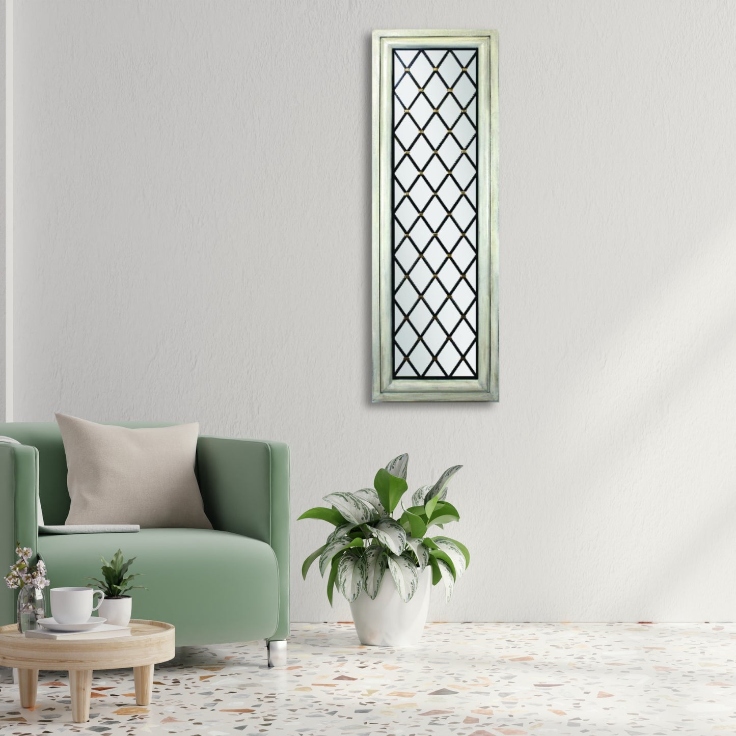 Wood Frame Rectangular Mirror with Metal Diamond Accents | Living room with a green armchair, coffee table, and decorative mirror on the wall | INSIDE OUT - InsideOutCatalog.com