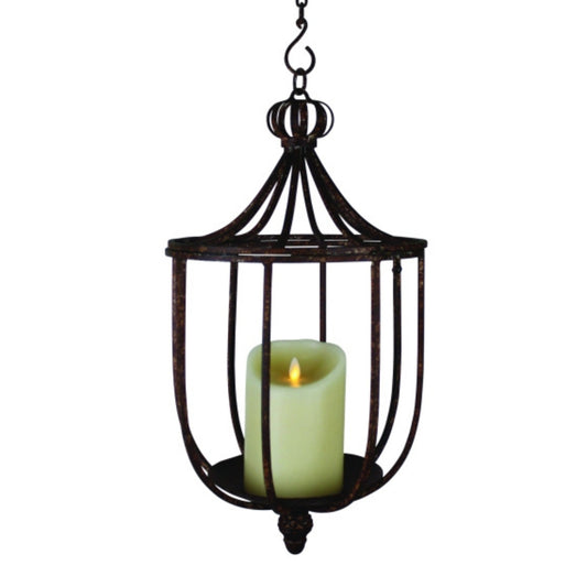 Large Hanging Iron Lantern or Hanging Plant Holder - Burnished Taupe (18"H) | Candle Lantern shown with pillar candle | INSIDE OUT - InsideOutCatalog.com