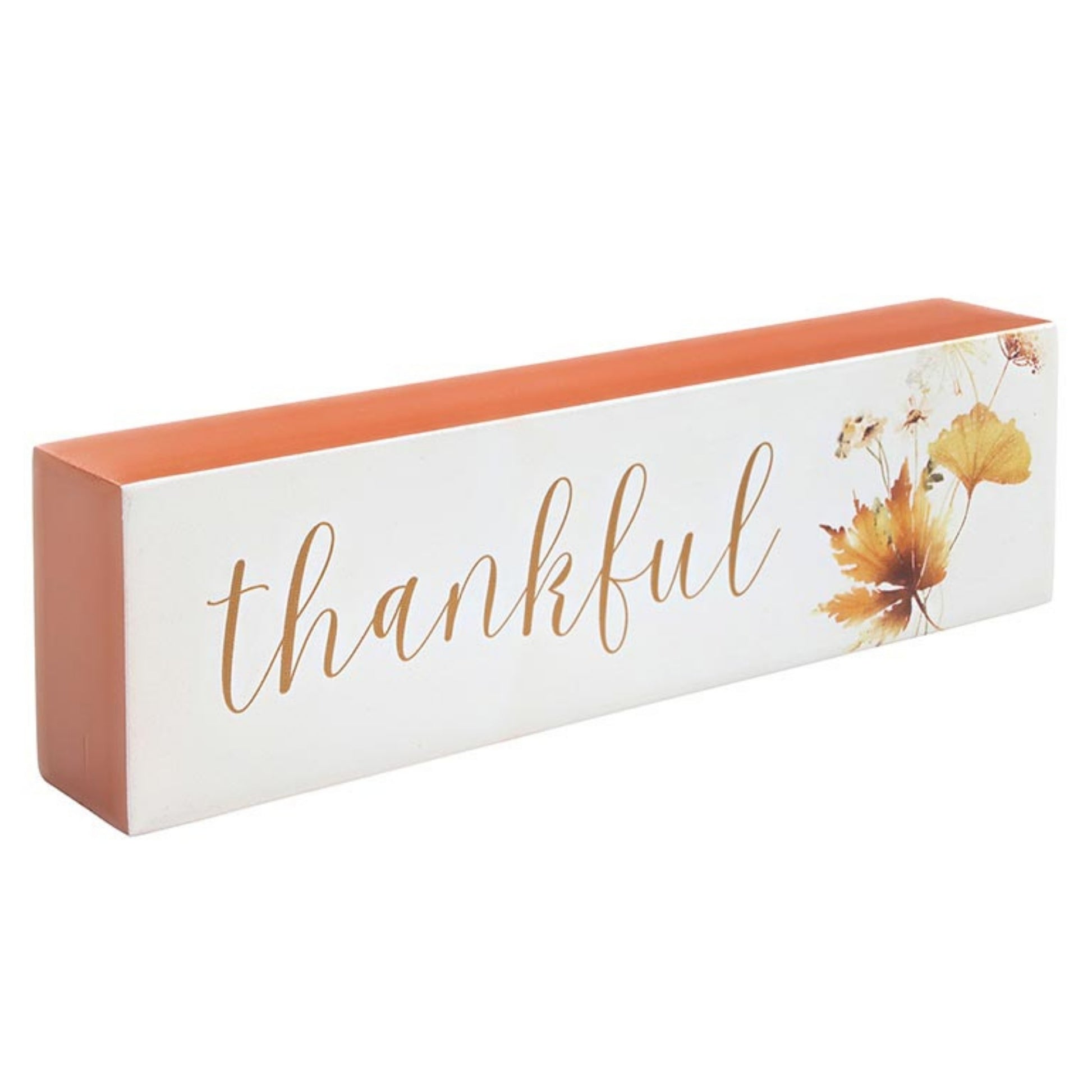 Decorative block with 'thankful' script  text and floral leaf design with on a white background | InsideOutCatalog.com
