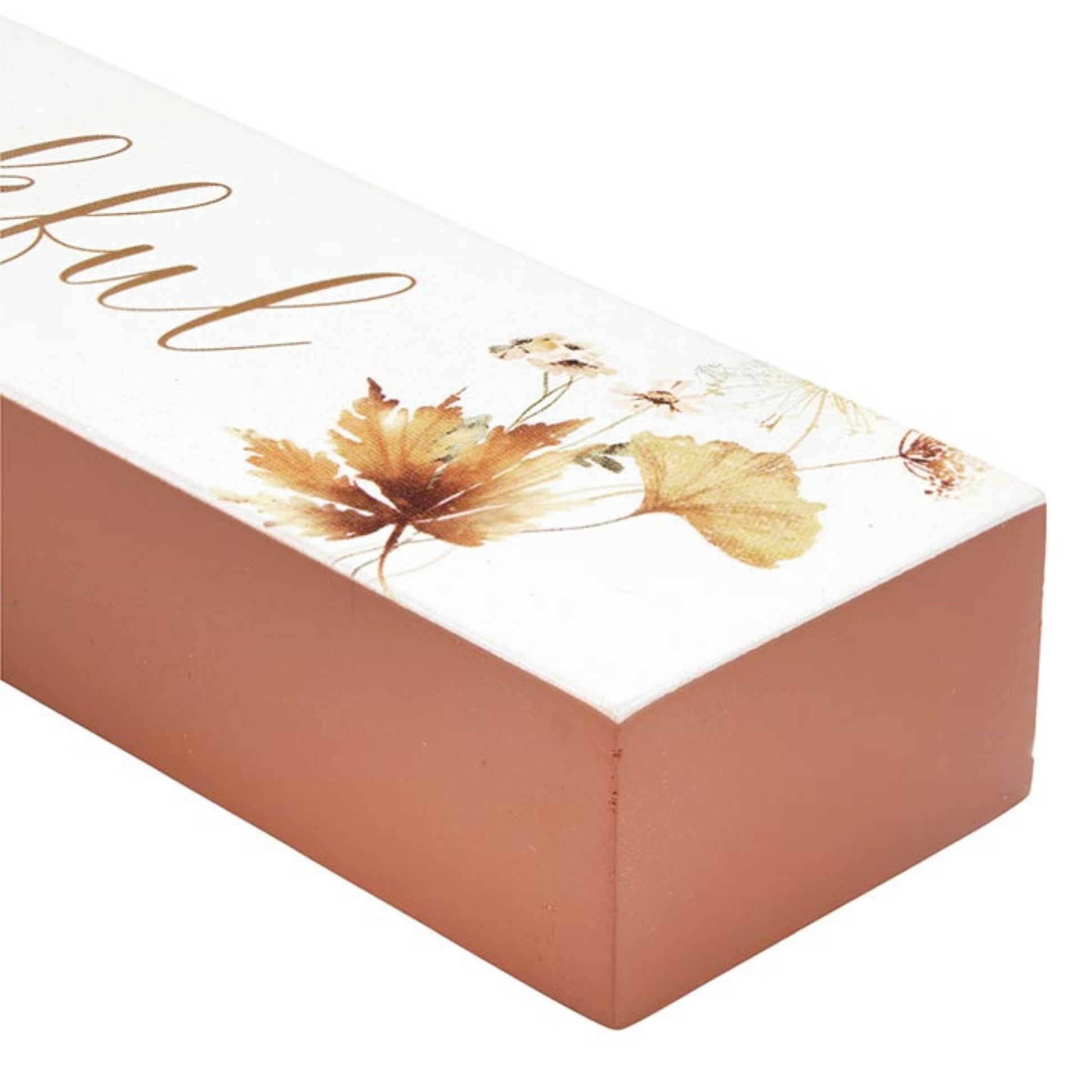 Edge Detail of Thankful Wood Block Home Accent - Seasonal Fall Decor, Thanksgiving Decoration | InsideOutCatalog.com