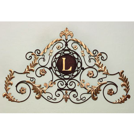 Monogrammed Iron Wall Grille - Palace Inspired Personalized Wall Decor (49.75"W) | Estate Quality Home Decor | Personalized Wall Decor | Shown with the Monogram "L" | Iron finished in a rustic brown and antique gold stain with Italian gold 5" monogram | INSIDE OUT | InsideOutCatalog.com