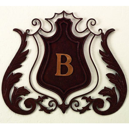 Personalized Wrought Iron Wall Grille - Monogrammed Iron Shield (28.5"W) | Estate Quality Home Decor | Personalized Wall Decor | Shown with the Monogram "B” | Iron finished in a rustic brown gold stain with Italian gold 5" monogram | INSIDE OUT | InsideOutCatalog.com