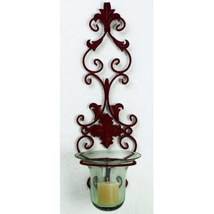 Rustic Brown Gold Leaf Accent Iron Candle Wall Sconce - Large Hurricane Candle Holder | INSIDE OUT | InsideOutCatalog.com