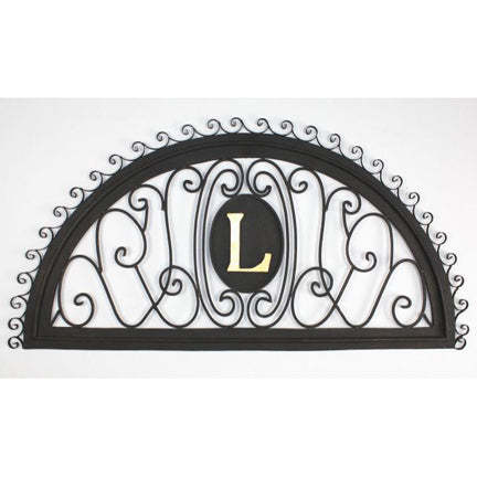 Monogrammed Wrought Iron Arched Wall Grille with Iron Scroll Accent (41.25"W) | Estate Quality Home Decor | Personalized Wall Decor | Shown with the Monogram "L” | Iron finished in a gorgeous burnished gold stain with Italian gold 5" monogram | INSIDE OUT | InsideOutCatalog.com
