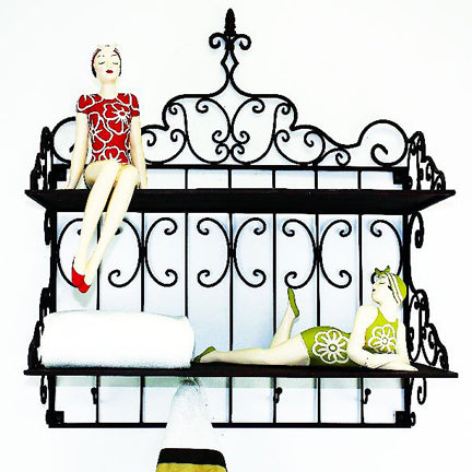Antique Brown Wrought Iron Wall Shelf Display with Iron Hooks - Indoor or Outdoor Use | INSIDE OUT | InsideOutCatalog.com