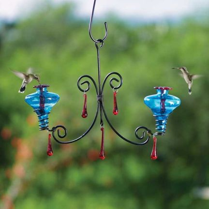 Chandelier Hummingbird Feeder - Two Vessel Feeding Station - Available in 3 colors - Blue glass, Green glass, Aqua glass | Handblown glass Hummingbird Feeder | INSIDE OUT | InsideOutCatalog.com