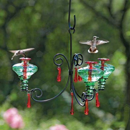 Chandelier Hummingbird Feeder - Three Vessel Feeding Station - Available in 3 colors - Blue glass, Green glass, Aqua glass | Handblown glass Hummingbird Feeder | INSIDE OUT | InsideOutCatalog.com