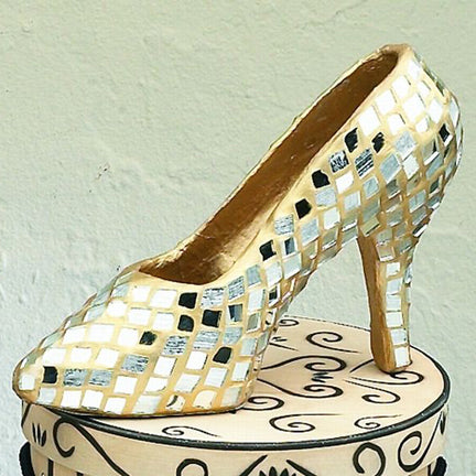 Gold Mirror Mosaic Paper Mache Shoes - Unique Home Accent - Two Shoe Sizes to Choose From | Small shown in pic | Unique home accent | INSIDE OUT | InsideOutCatalog.com
