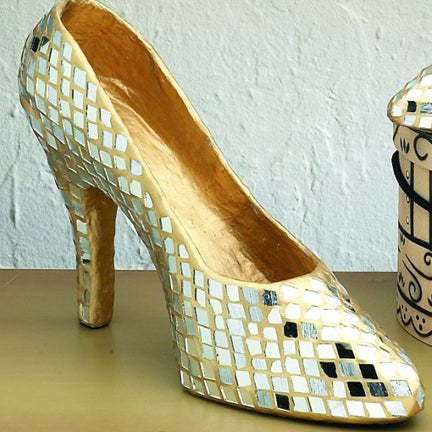 Gold Mirror Mosaic Paper Mache Shoes - Unique Home Accent - Two Shoe Sizes to Choose From | Large shown in pic | Unique home accent | INSIDE OUT | InsideOutCatalog.com