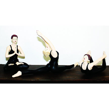 Yoga Girls Statuary - Yoga Girl with Raised Arms doing Splits - Resin Statue shown with Yoga Girl Meditating with Legs Crossed and Yoga Girl Stretching on Stomach | INSIDE OUT | InsideOutCatalog.com