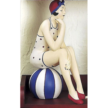 Bathing Beauty Figurine on Beach Ball – Red, White, and Blue Polka Dot Swimsuit, Matching Head Scarf, and Beach Ball | Collectible Figurine | Coastal Living | Beach style home accent | Fourth of July decoration | Americana Figurine | INSIDE OUT | InsideOutCatalog.com