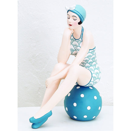 Bathing Beauty Figurine - Beach Girl Statue on Beach Ball - Coastal Living Blue | INSIDE OUT | InsideOutCatalog.com