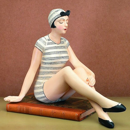 Bathing Beauty Figurine in Black & White Striped Bathing Suit with Knees Up | Collectible Figurine | Vintage Look | INSIDE OUT | InsideOutCatalog.com
