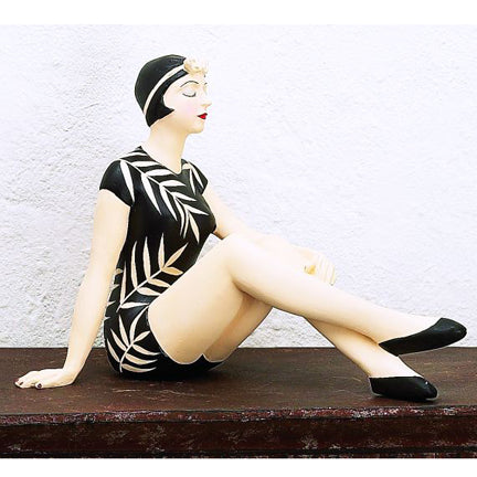 Bathing Beauty Figurine in Black & White Bamboo Print Bathing Suit with Knees Up | Tropical Bathing Suit with Bamboo Print on Lounging Bathing Beauty with her Knees Up | Collectible Statuary | INSIDE OUT | InsideOutCatalog.com