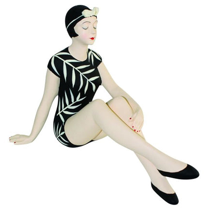 Bathing Beauty Figurine in Black & White Bamboo Print Bathing Suit with Knees Up | Tropical Bathing Suit with Bamboo Print on Lounging Bathing Beauty with her Knees Up | Collectible Statuary | INSIDE OUT | InsideOutCatalog.com