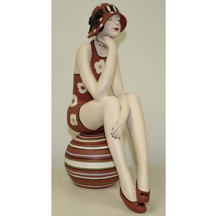 Bathing Beauty Statue in Red and Brown Suit with Sun Hat Sitting on Beach Ball | Collectible Bathing Beauty Statuary | INSIDE OUT | InsideOutCatalog.com