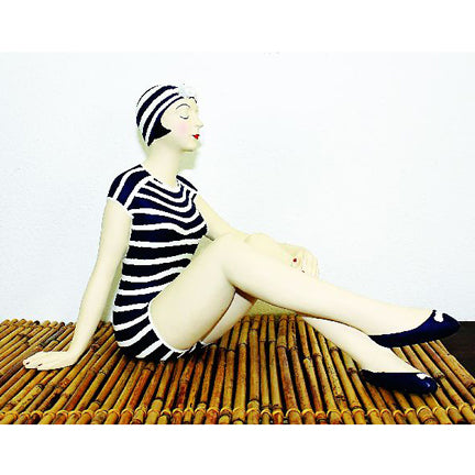 Bathing Beauty Figurine in Navy and White Striped Bathing Suit with Knees Up | Nostalgic Resin Statuary | Collectible Figurine | INSIDE OUT | InsideOutCatalog.com