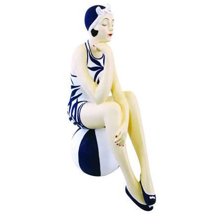 Collectible Bathing Beauty Figurine on Beach Ball - Navy & White Swimsuit & Head Scarf | INSIDE OUT | InsideOutCatalog.com
