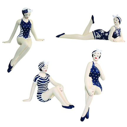 Mini Bathing Beauty Beach Girl Figurines in Navy and White Swimsuits - Set of 4 Collectible Nautical Style Statues | INSIDE OUT | InsideOutCatalog.com