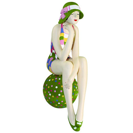 Bathing Beauty Figurine in Colorful Spring Check Swimsuit on Polka Dot Beach Ball | Collectible Resin Statuary | Hand Painted | Colorful Home Accent | Gift Ideas | INSIDE OUT | InsideOutCatalog.com