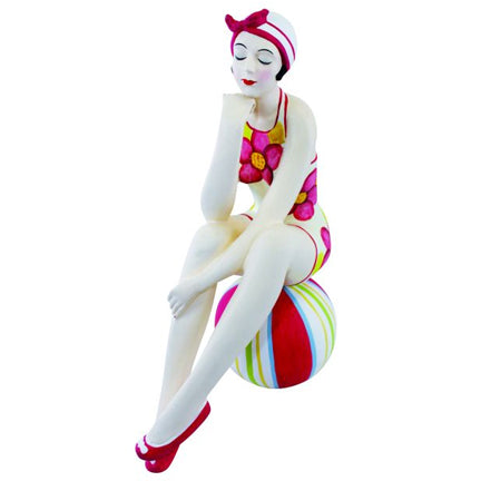 Bathing Beauty Figurine in Pastel Pink Floral Suit on Striped Beach Ball | Collectible Bathing Beauty Statue | INSIDE OUT | InsideOutCatalog.com