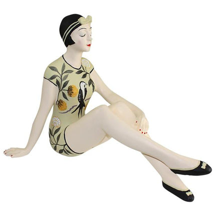 Resin Bathing Beauty Statue in Floral Suit with Bird Accent and Knees Up - Collectible Figurine | INSIDE OUT | InsideOutCatalog.com
