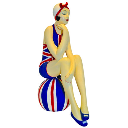 Bathing Beauty Figurine in Red, White, & Blue Union Jack Swimsuit with Matching Beach Ball | INSIDE OUT | InsideOutCatalog.com