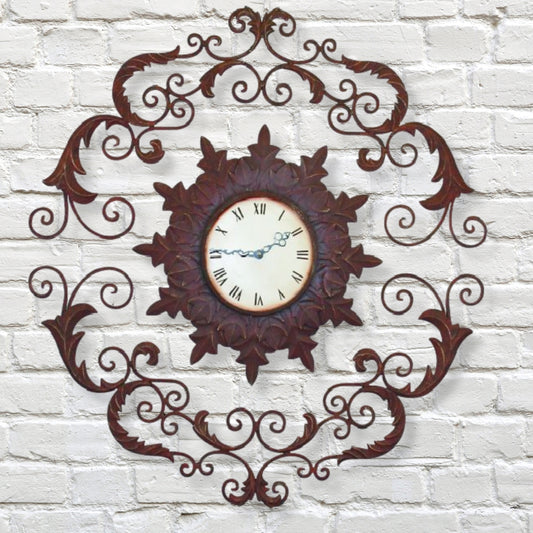 Large Iron Wall Clock with Leaf Accent - Ornate Iron Wall Clock (34") | INSIDE OUT | InsideOutCatalog.com