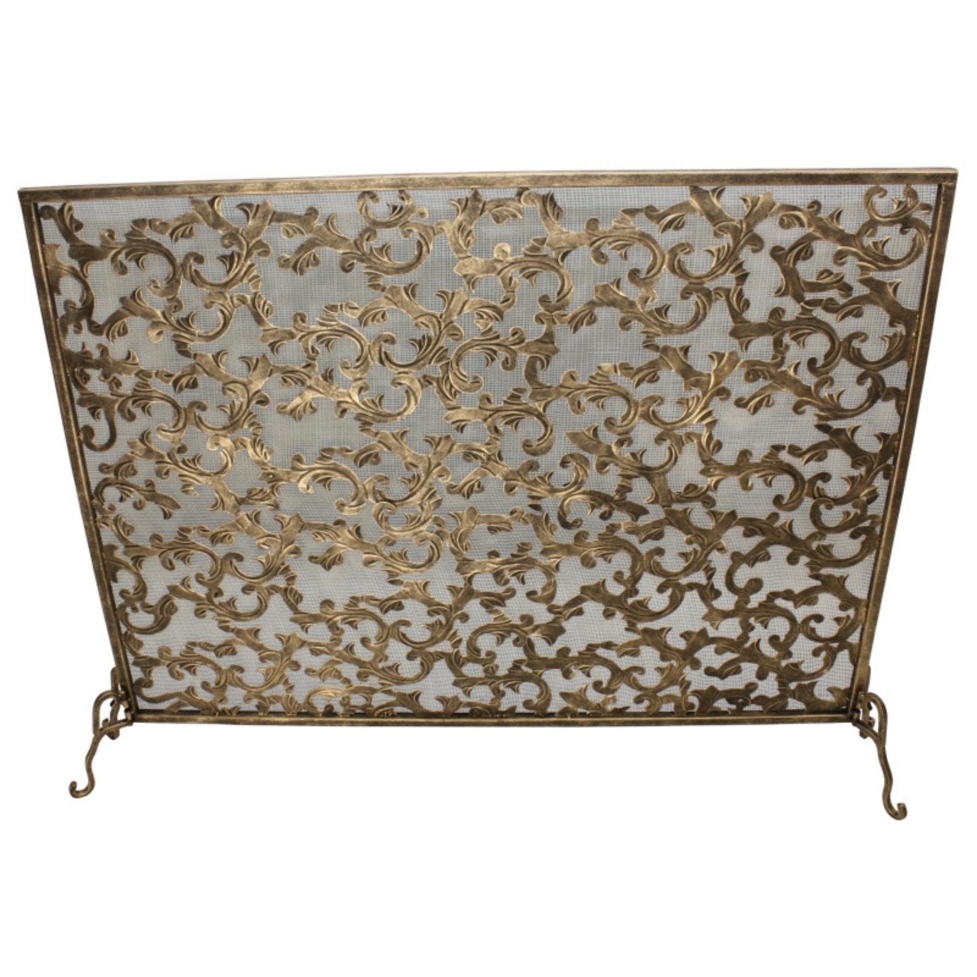 Acanthus Leaf Design Fire Screen - Fire Hearth Single Straight Panel Screen with Mesh | InsideOutCatalog.com