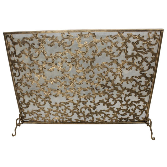 Acanthus Leaf Design Fire Screen - Fire Hearth Single Straight Panel Screen with Mesh | InsideOutCatalog.com