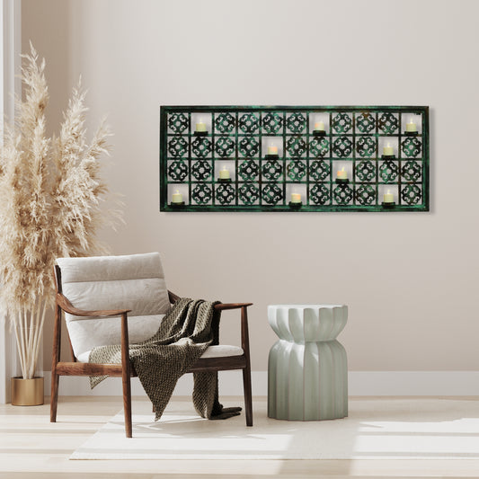 Large Metal Wall Decor - Votive Candle Holder Wall Accent in Aged Verdigris (40.25"W) shown in living room with chair and throw blanket | INSIDE OUT | InsideOutCatalog.com
