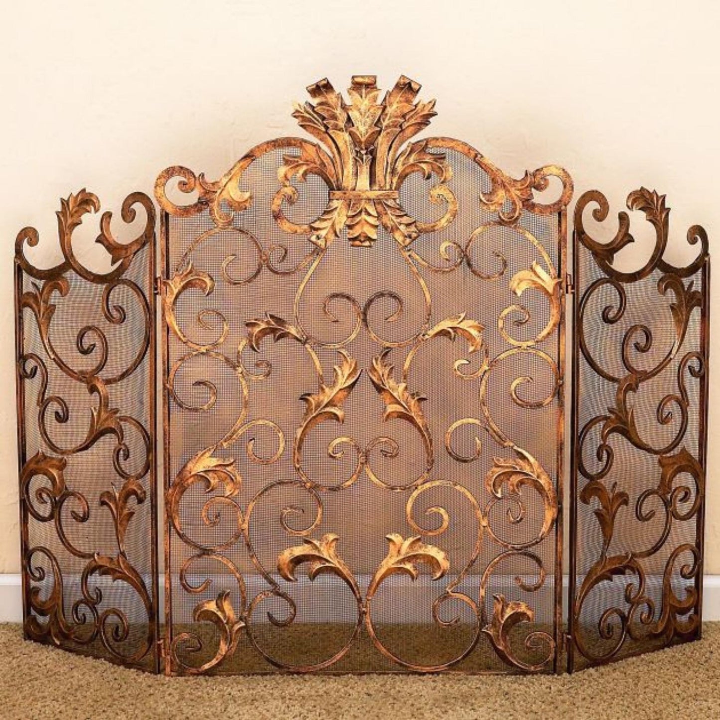 Antique Gold Acanthus Leaf Ornate Fire Screen - Three Panel Fireplace Screen | INSIDE OUT | InsideOutCatalog.com