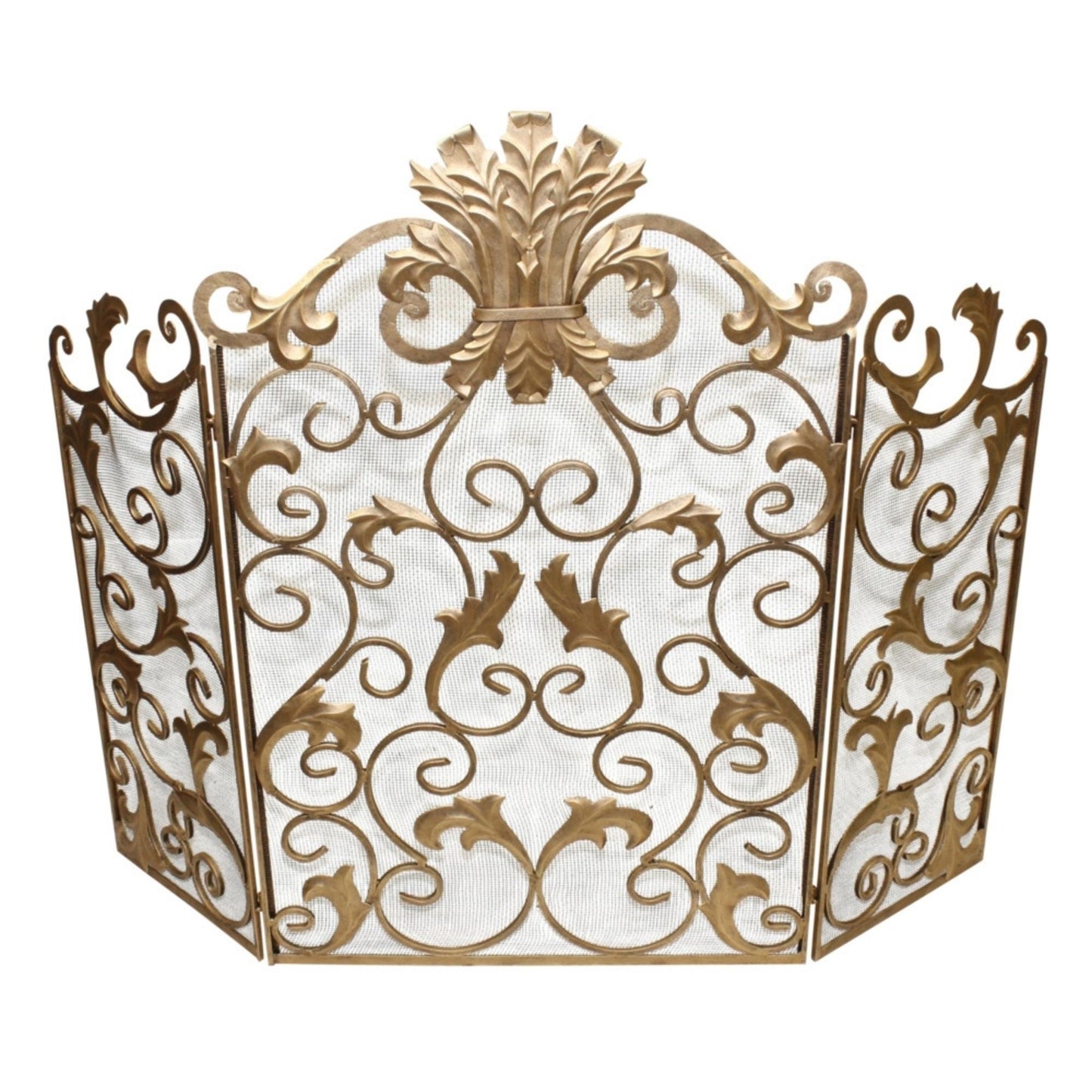 Antique Gold Acanthus Leaf Ornate Fire Screen - Three Panel Fireplace Screen with Mesh | INSIDE OUT | InsideOutCatalog.com