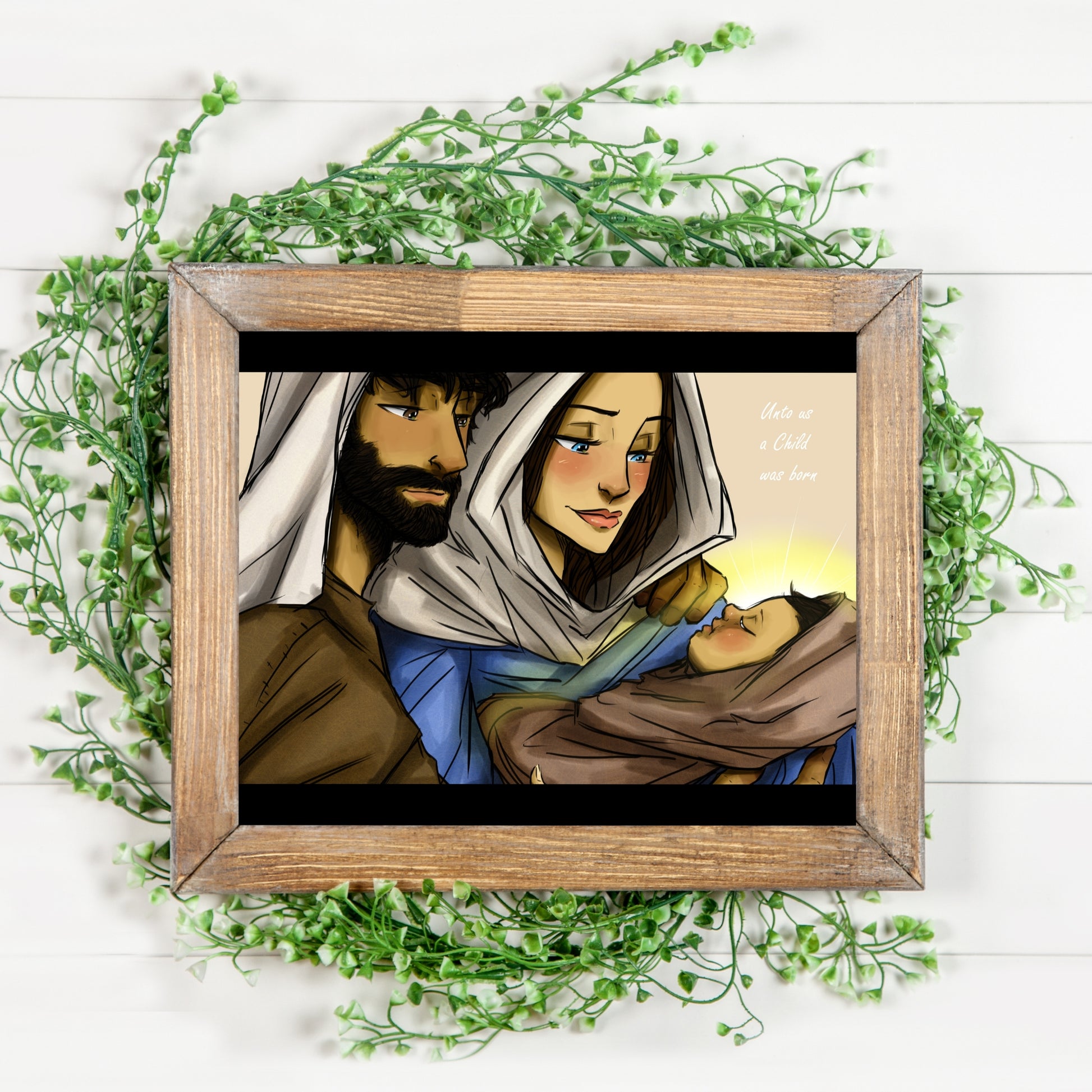 Baby Jesus, Mary, and Joseph Original Art - Inspirational Art Print shown in rustic brown wood frame | Reads in white text... Unto us a Child was born | art by Megan, Barby Ink | Barby Designs | INSIDE OUT