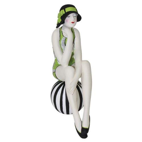 Bathing Beauty Figurine in Black and Lime Green Bathing Suit on Striped Beach Ball | INSIDE OUT | InsideOutCatalog.com