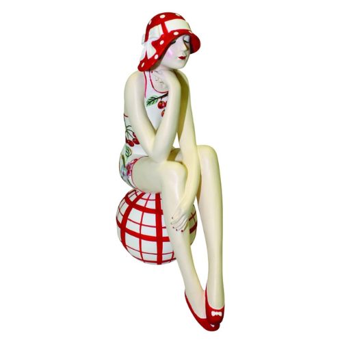 Bathing Beauty Figurine in Cherry Fruit Accent Bathing Suit on Plaid Print Beach Ball | INSIDE OUT | InsideOutCatalog.com