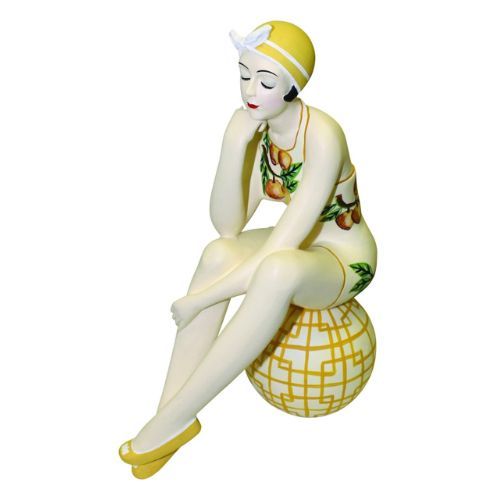Bathing Beauty Figurine in Lemon Fruit Accent Bathing Suit on Geometric Pattern Beach Ball | INSIDE OUT | InsideOutCatalog.com
