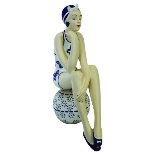 Bathing Beauty Figurine in Nautical Blue and White Floral Swimsuit on Beach Ball | INSIDE OUT | InsideOutCatalog.com