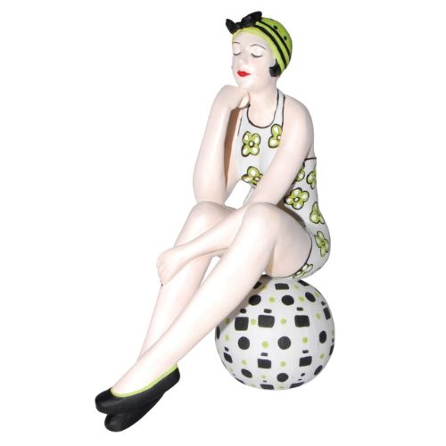 Bathing Beauty Figurine in White and Lime Green Floral Swimsuit Sitting on Beach Ball | INSIDE OUT | InsideOutCatalog.com
