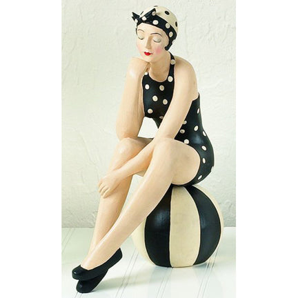 Bathing Beauty Figurine on Beach Ball - Black & White Swimsuit & Head Scarf | Collectible Figurine | INSIDE OUT | InsideOutCatalog.com