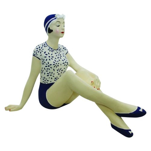 Bathing Beauty Figurine in Nautical Blue and White Bathing Suit with Knees Up
