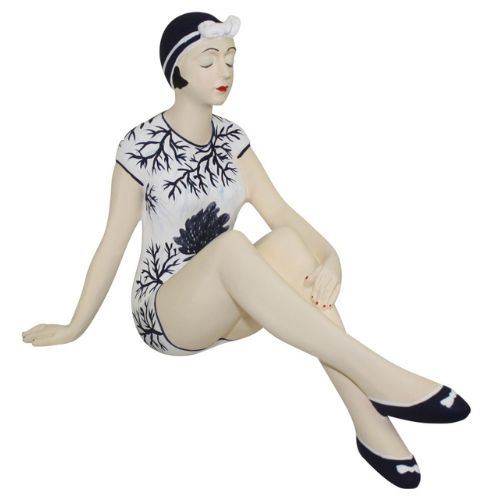 Bathing Beauty Figurine in Navy and popular White Stripe Suit with Knees Up